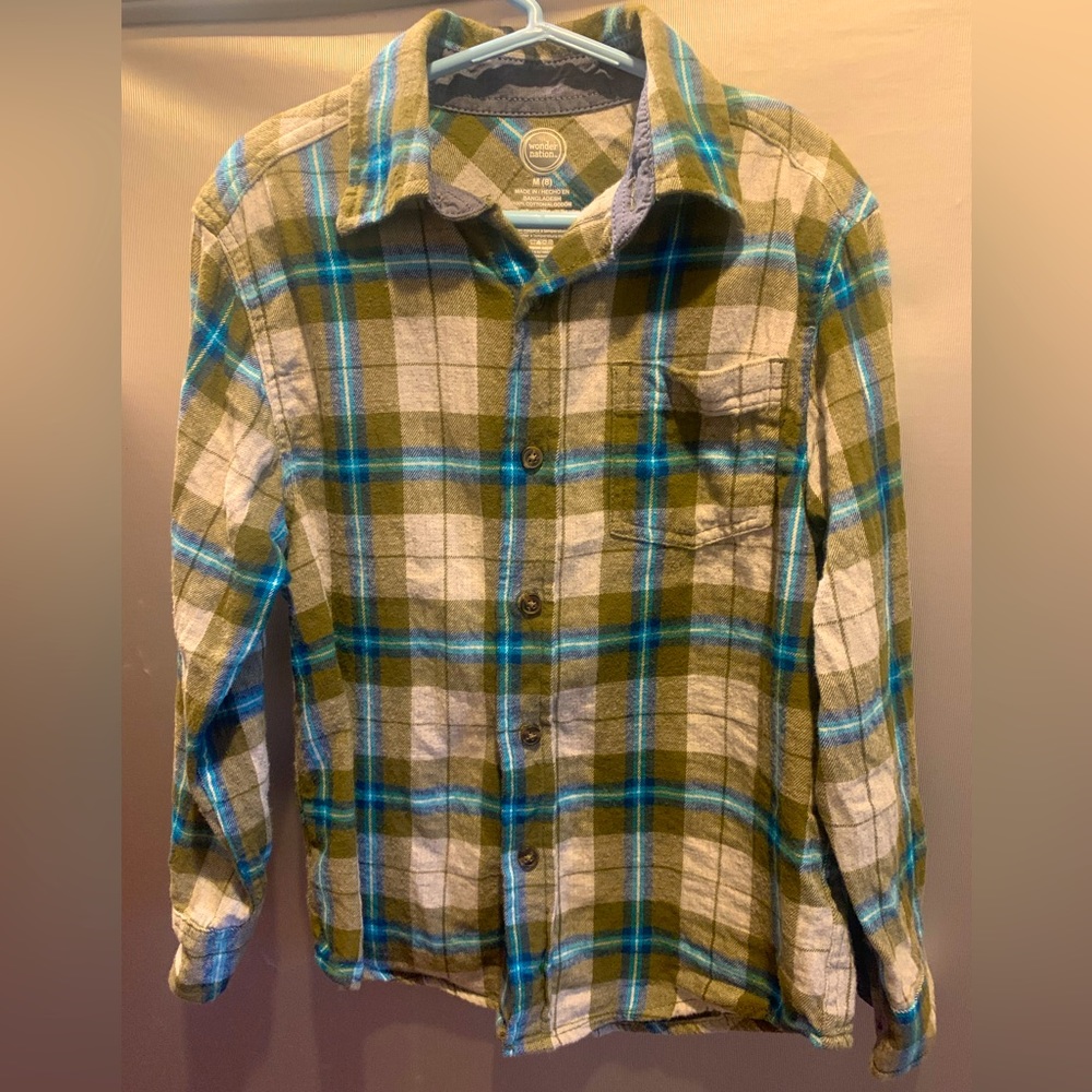 Boys Green and Blue Button Down Flannel Size 8